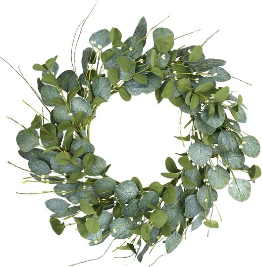 Greentek; 20-Inch Spring Eucalyptus Wreath for Front Door – Green Leaf & Berry Farmhouse Wreath for Indoor Outdoor Home, Wall, Porch Decor; Category:Spring Floral Wreaths; Image:1